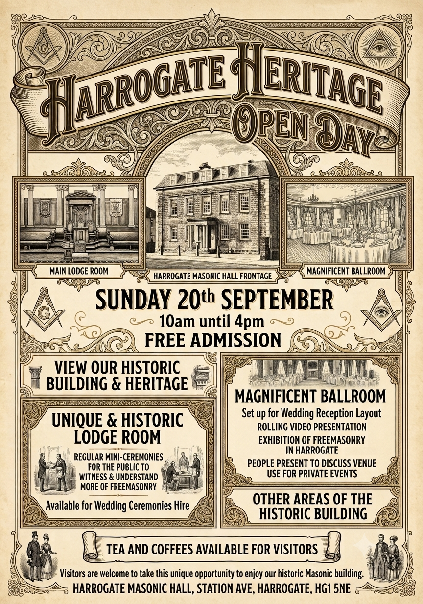 Vintage poster for Harrogate Heritage Open Day: dates, free admission, with images of the lodge room, Masonic Hall frontage, and a ballroom.